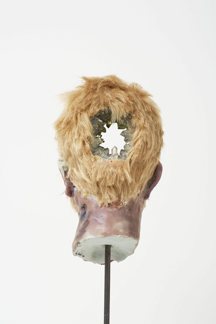 David Altmejd. Eye, 2015 (view 2). Polyurethane foam, epoxy clay, epoxy gel, acrylic paint, synthetic hair, resin, glass stain, quartz, pyrite, celestite, amethyst, fluorite, steel, marble, 60 x 15.5 x 14 cm (23 5/8 x 6 1/8 x 5 1/2 in).
