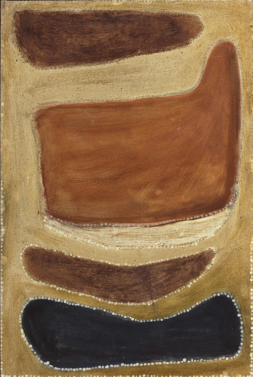 Rover Thomas. Two men dreaming, c1985. Natural pigments on canvas board, 91 x 61 cm.
