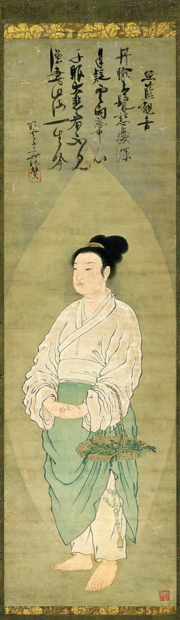 Fish-Basket Kannon. Bokkei (15th c.). Inscribed by Ikkyu Sojun (1394–1481); seal: “Ikkyu.” Japanese, Muromachi period (1392–1573), late 15th c. Hanging scroll, ink and colors on paper; 118.5 x 36.0 cm. George Gund iii. Photo: Kaz Tsuruta.