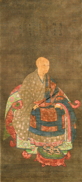 Portrait of Shun’oku Myoha. Painter unknown. Japanese, Nanbokucho period (1336-1392), ca. 1382-1383. Hanging scroll, ink and colors on silk; 114.3 x 52.0 cm. Collection of Sylvan Barnet and William Burto. Courtesy of Sylvan Barnet and William Burto.