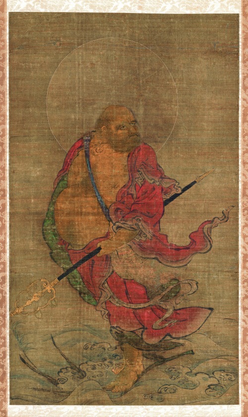 Bodhidharma Crossing the Yangzi River on a Reed. Painter unknown. Japanese, Nanbokucho period (1336–1392). Hanging scroll, ink, colors, and gold on silk; 69.0 x 40.6 cm. Museum of Fine Arts, Boston, William Sturgis Bigelow Collection, 11.6312. Photograph © 2007 Museum of Fine Arts, Boston.