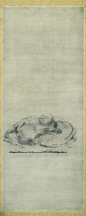 Slumbering Budai. Attributed to Muqi (act. mid- to late 13th c.). Chinese, Southern Song dynasty (1127–1279), 13th c. Hanging scroll, ink on paper; 77.1 x 30.9 cm. Kyoto National Museum. Courtesy of Agency for Cultural Affairs of Japan.