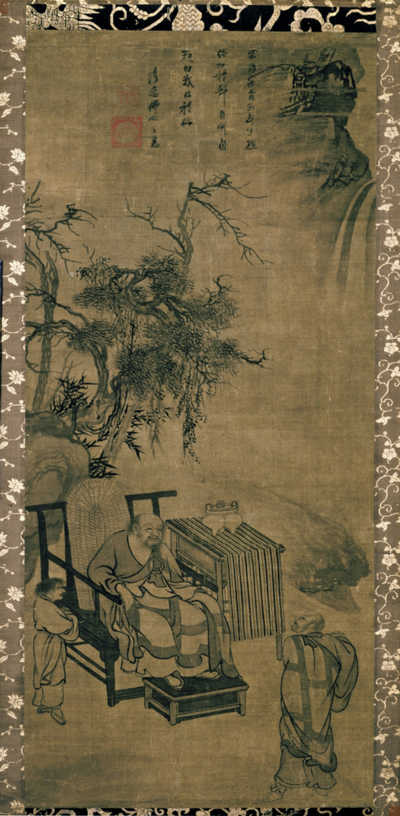 Encounter Between Xuansha and Xuefeng. Attributed to Muqi (act. mid- to late 13th c.). Inscribed by Yuji Zhihui (act. ca. 1298). Chinese, Yuan dynasty (1279–1368), late 13th c. Hanging scroll, ink on silk; 102.0 x 46.0 cm. Kyoto National Museum. Important Cultural Property. Courtesy of Kyoto National Museum.