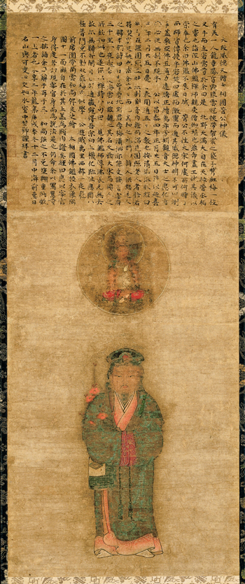 Tenjin Visiting China. Painter unknown. Inscribed by Yoka Shinko (d. 1437). Japanese, Muromachi period (1392–1573), 1430. Hanging scroll, ink and colors on paper; 88.2 x 36.3 cm. Horai Collection LLC. Courtesy of Horai Collection LLC.