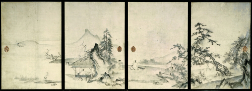 The Four Gentlemanly Accomplishments. Oguri Sokei (act. late 15th–early 16th c.). Japanese, Muromachi period (1392–1573), 16th c. Eight sliding-door panels (in two sets of four), ink and light colors on paper; 171.0 x 117.5 cm (each, first set); 169.5 x 91.2 cm (each, second set). Kyoto National Museum. Important Cultural Property. Photo: Kanai Morio; courtesy of Kyoto National Museum.