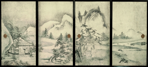 The Four Gentlemanly Accomplishments. Oguri Sokei (act. late 15th–early 16th c.). Japanese, Muromachi period (1392–1573), 16th c. Eight sliding-door panels (in two sets of four), ink and light colors on paper; 171.0 x 117.5 cm (each, first set); 169.5 x 91.2 cm (each, second set). Kyoto National Museum. Important Cultural Property. Photo: Kanai Morio; courtesy of Kyoto National Museum.
