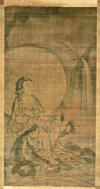 White-Robed Kannon. Attributed to Yue Hu (act. 14th c.). Japanese, Muromachi period (1392–1573), 15th c. Hanging scroll, ink on silk; 180.6 x 57.2 cm. Asia Society, New York: Mr. and Mrs. John D. Rockefeller 3rd Collection, partial gift of Rosemarie and Leighton Longhi in honor of Sherman Lee, 1998.001. Photograph by Carl Nardiello, courtesy of the Asia Society.