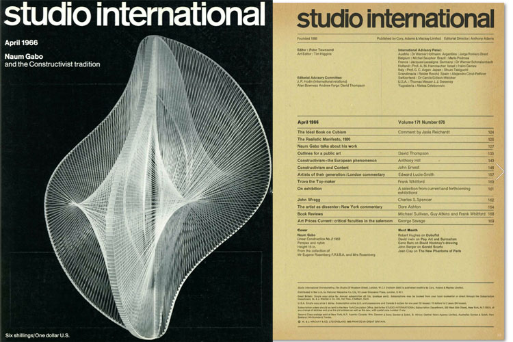 Studio International, April 1966, Volume 171 Number 876. Cover image: Naum Gabo. Linear Construction No. 2, 1953. Perspex and nylon, height 15 in. From the collection of Mr Eugene Rosenberg F.R.I.B.A. and Mrs Rosenberg.