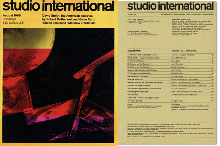 Studio International, August 1966, Volume 172 Number 880. Cover image: Designed by Mackay Graphics based on a photograph by Ed Cornachio of a David Smith sculpture.