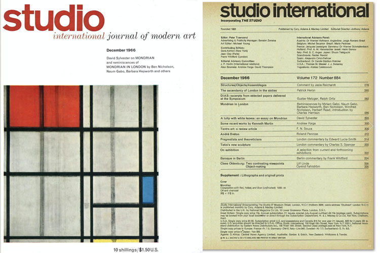 Studio International, December 1966, Volume 172 Number 884. Cover image: Mondrian. Composition with Red, Yellow, and Blue (unfinished), 1939-44. Oil and charcoal, 28 5/8 x 27 5/8 In.