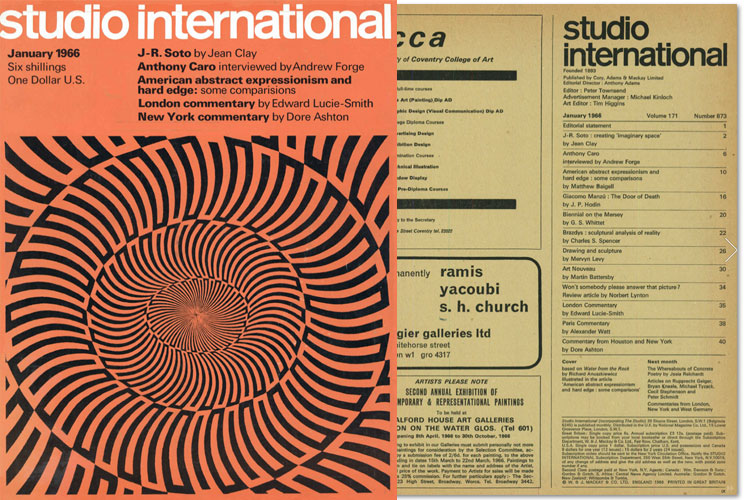Studio International, January 1966, Volume 171 Number 873. Cover image: Based on Water from the Rock by Richard Anuszkiewicz.