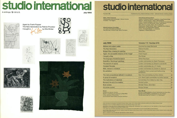 Studio International, July 1966, Volume 172 Number 879. Cover image: Designed by Benson Zonena. Based on paintings and drawings by Paul Klee in the collection of Ella Winter and the Brook Street Gallery summer exhibition.