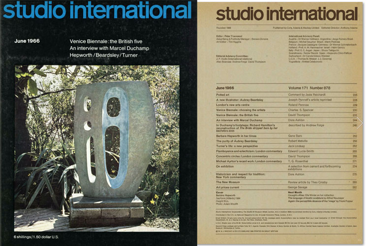 Studio International, June 1966, Volume 171 Number 878. Cover image: Barbara Hepworth. Sea Form (Atlantic), 1964. Height 78 in. Photo: Adam Woolflt.