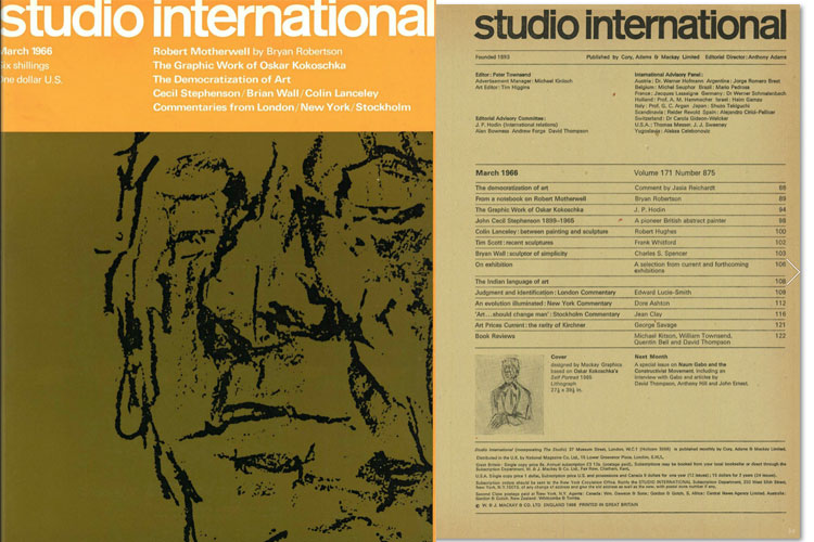 Studio International, March 1966, Volume 171 Number 875. Cover image: Designed by Mackay Graphics based on Oskar Kokoschka's Self portrait 1965. Lithograph, 27 1/2 x 39 1/2 in.