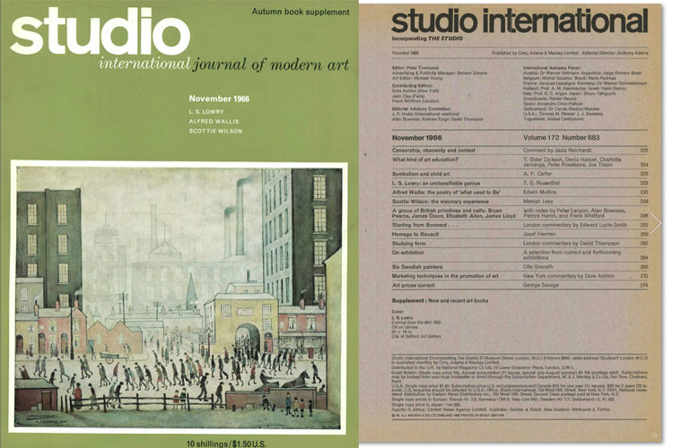 Studio International, November 1966, Volume 172 Number 883. Cover image: L. S. Lowry. Coming from the Mill, 1930. Oil on canvas, 20 x 16 in. City of Salford Art Gallery.