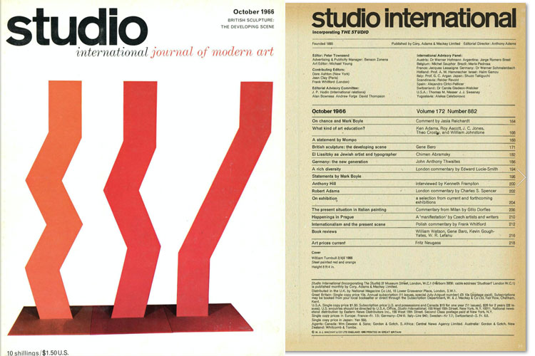 Studio International, October 1966, Volume 172 Number 882. Cover image: William Turnbull. 3/4/5, 1966. Steel painted red and orange, height 8 ft 4 In.
