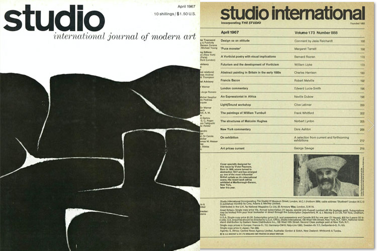 Studio International, April 1967, Volume 173 Number 888. Cover image: Cover specially designed for this issue by Victor Pasmore. Born in 1908, Pasmore turned to abstraction 1947 and has emerged as one of the most influential British artists on the international scene.