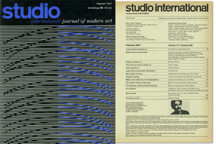 Studio International, February 1967, Volume 173 Number 886. Cover specially designed for this issue by the Venezuelan kinetic artist Jesus-Raphael Soto. Soto was awarded a prize at the XXXII Venice Biennale in 1964. A statement by him appears on page 60.