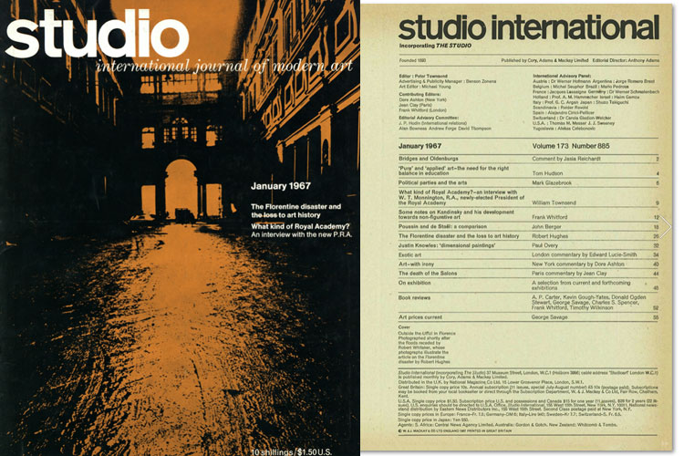 Studio International, January 1967, Volume 173 Number 885. Cover image: Outside the Uffizi in Florence. Photographed shortly after the floods receded by Robert Whitaker, whose photographs illustrate the article on the Florentine disaster by Robert Hughes.