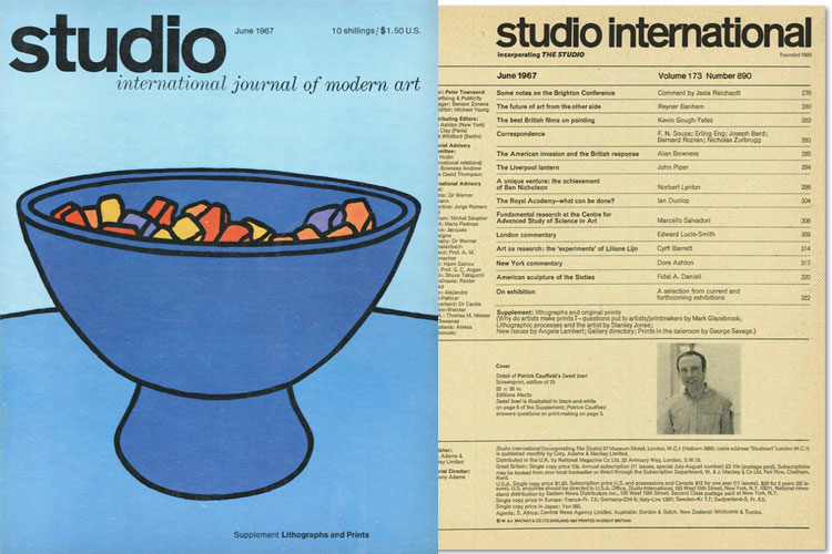 Studio International, June 1967, Volume 173 Number 890. Cover image: Detail of Patrick Caulfield's Sweet bowl. Screenprint, edition of 75, 22 x 36 in. Editions Alecto.
