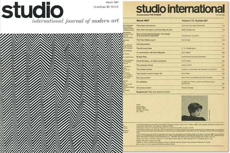 Studio International, March 1967, Volume 173 Number 887. Cover image: Bridget Riley. Descent, 1965-6. Emulsion on bord, 36 x 36 in.