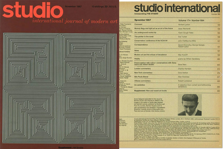Studio International, November 1967, Volume 174 Number 894. Cover image: Cover designed especially for this issue by Gordon House-the drawing is related to the images In his edition of boxes clear coloured and neutrals recently published by Marlborough Fine Art, London.