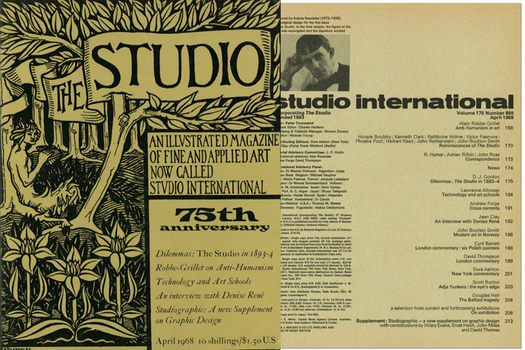 Studio International, April 1968, Volume 175 Number 899. Cover image: The cover by Aubrey Beardsley (1872-1898) was the original design for the first issue
of The Studio. In the final version, the figure of the faun was expurgated and the signature omitted.
