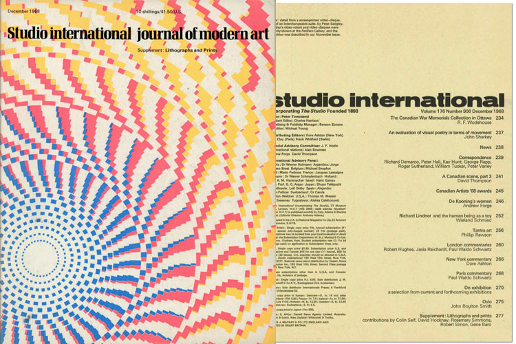 Studio International, December 1968, Volume 176 Number 906. Cover image: Cover: detail from a screenprinted video-disque, one of an interchangeable suite by Peter Sedgley. Sedgley's video-rotors and video-disques were recently shown at the Redfern Gallery, and the exhibition was described in our November issue.