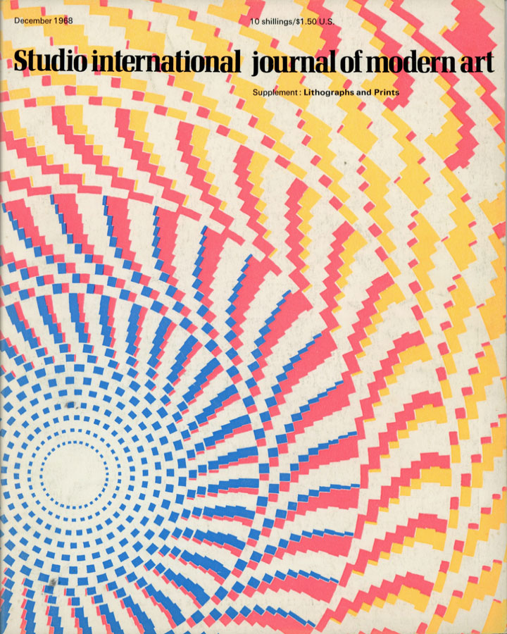 Studio International, December 1968, Volume 176 Number 906. Cover image: Cover: detail from a screenprinted video-disque, one of an interchangeable suite by Peter Sedgley. Sedgley's video-rotors and video-disques were recently shown at the Redfern Gallery, and the exhibition was described in our November issue.