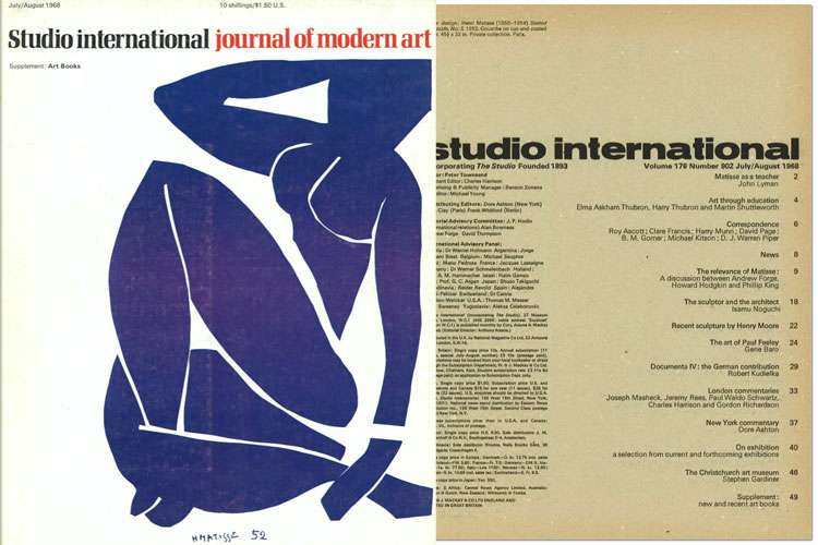 Studio International, July-August 1968, Volume 176 Number 902. Cover image: Cover design: Henri Matisse (1869-1954). Seated blue nude, No. 3, 1952. Gouache on cut-and-pasted paper, 45¾ x 32 in. Private collection. Paris.