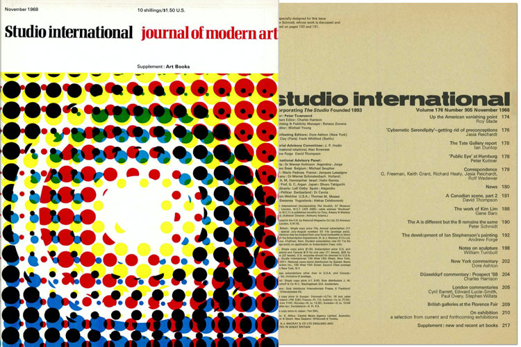 Studio International, November 1968, Volume 176 Number 905. Cover image: Cover specially designed for this issue by Peter Schmidt whose work is discussed and
illustrated on pages 190 and 191.