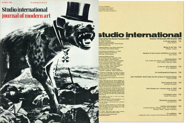 Studio International, October 1968, Volume 176 Number 904. Cover image: Detail of John Heartfield's War and corpses - the last hope of the rich (27 April. 1932) which is reproduced in its entirety on page 134.