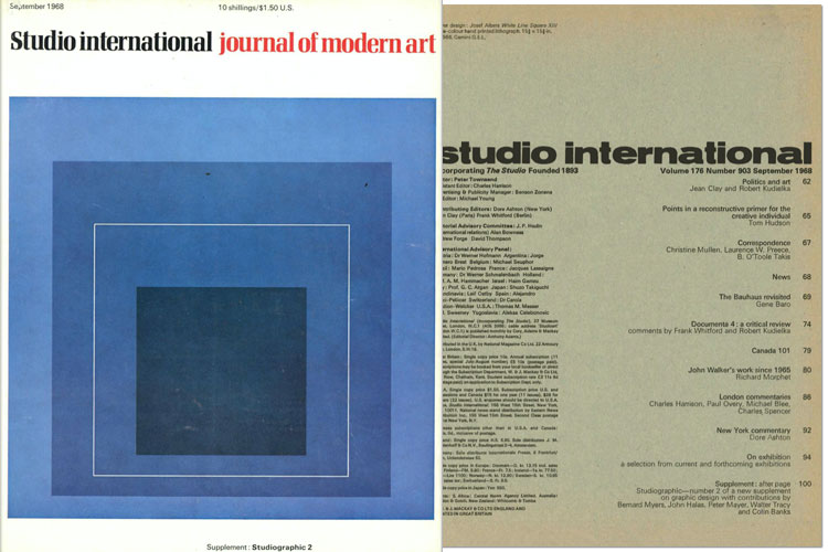 Studio International, September 1968, Volume 176 Number 903. Cover image: Cover design: Josef Albers, White Line Square XIII. Three-colour hand printed lithograph, 15 5/8 x 15 5/8 in. © 1966, Gemini G.E.L.