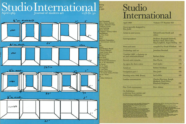 Studio International, April 1969, Volume 177 Number 910. Cover image specially designed by Don Judd. © Studio International Foundation.