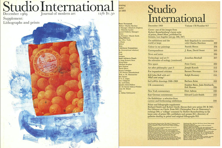 Studio International, December 1969, Volume 178 Number 917. Cover image: one of the images from Robert Rauschenberg's latest suite of prints, Stoned Moon, published by Gemini, Los Angeles.