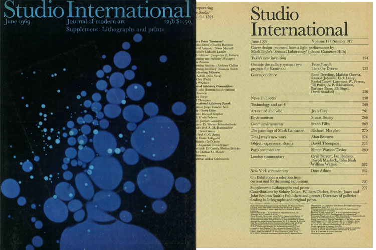 Studio International, June 1969, Volume 177 Number 912. Cover design: moment from a light performance by Mark Boyle’s ‘Sensual Laboratory’ (photo: Cameron Hills).