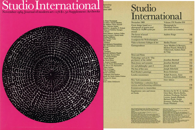 Studio International, November 1969, Volume 178 Number 916. Cover design baed on a photograph of quartz sand vibrated at 16,000 cycles per second. Photograph by Christiaan Stuten.