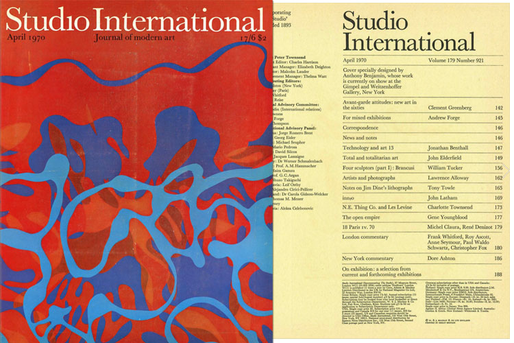 Studio International, April 1970, Volume 179 Number 921. Cover image specially designed by
Anthony Benjamin.