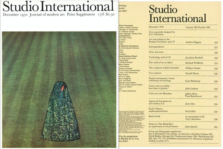 Studio International, 1970, December 1970, Volume 180 Number 928. Cover specially designed by Ivor Abrahams.