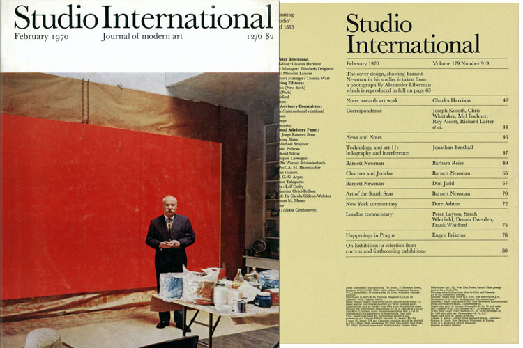 Studio International, February 1970, Volume 179 Number 919. The cover design, showing Barnett Newman in his studio, is taken from a photograph by Alexander Liberman.