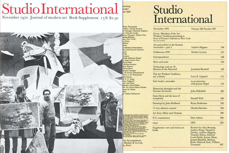 Studio International, 1970, November 1970, Volume 180 Number 927. Cover image. Members of the Art Workers' Coalition protesting in front of Picasso's Guernica in New York. Photo: Jan van Raay.