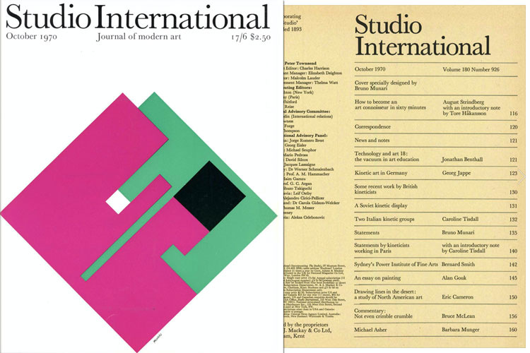 Studio International, 1970, October 1970, Volume 180 Number 926. Cover specially designed by
Bruno Munari.
