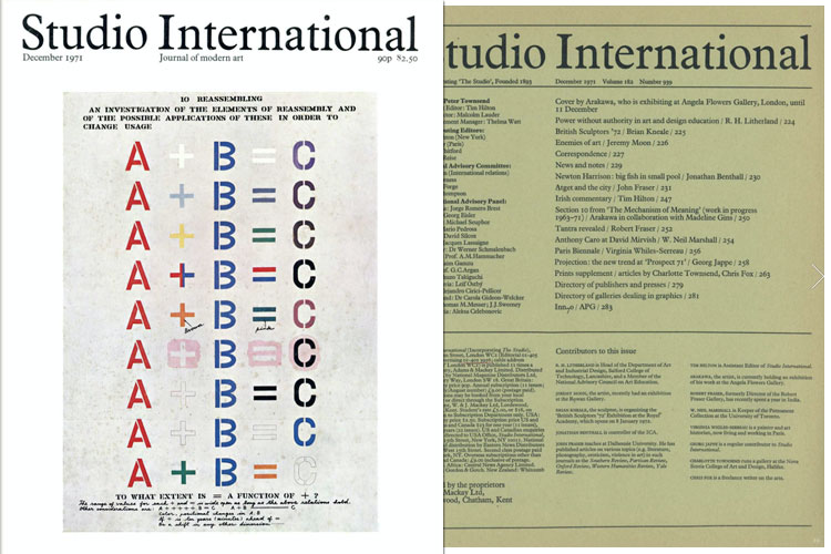 Studio International, 1971, December 1971, Volume 182 Number 939. Cover by Arakawa, who is exhibiting at Angela Flowers Gallery, London, until 11 December 1971.