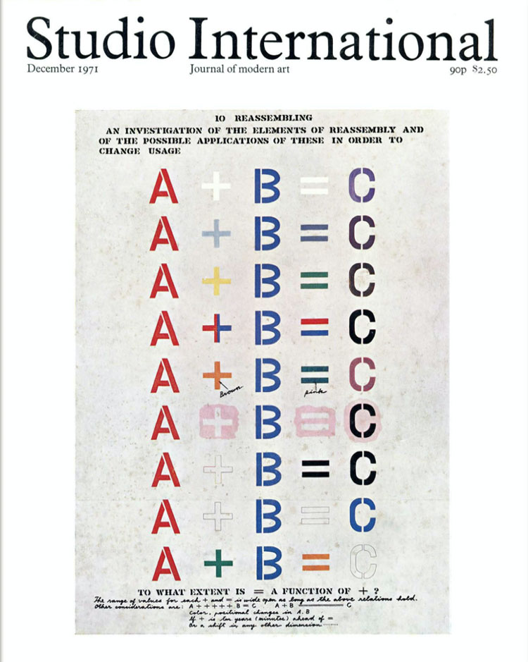Studio International, 1971, December 1971, Volume 182 Number 939. Cover by Arakawa, who is exhibiting at Angela Flowers Gallery, London, until 11 December 1971.
