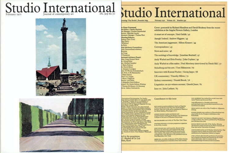 Studio International, 1971, February 1971, Volume 181 Number 930. Cover image: postcards by Richard Hamilton and David Hockney from the recent exhibition at the Angela Flowers Gallery, London.