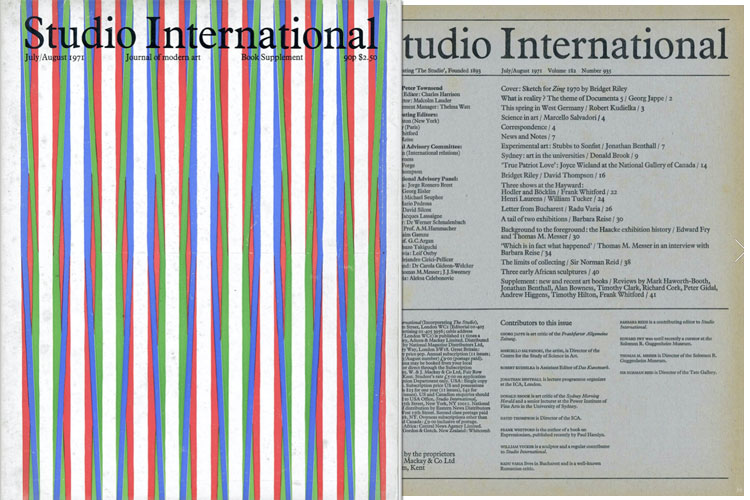 Studio International, 1971, July-August 1971, Volume 182 Number 935. Cover image: Sketch for Zing 1970 by Bridget Riley.