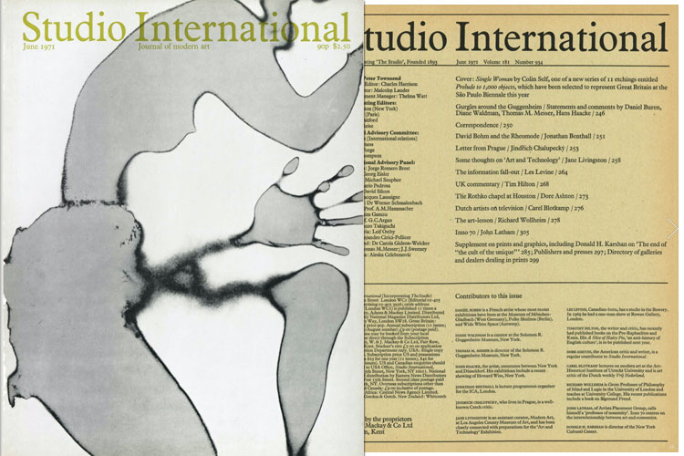 Studio International, 1971, June 1971, Volume 181 Number 934. Cover image: Single Woman by Colin Self, one of a new series of 11 etchings entitled Prelude to 1,000 objects, which have been selected to represent Great Britain at the Sao Paulo Biennale this year.