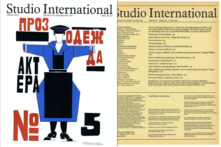 Studio International, 1971, March 1971, Volume 181 Number 931. Cover image: Costume designed by L. Popova for The Magnanimous Cuckold, 1921, one of the exhibits in the Arts Council exhibition Art in Revolution: Soviet art and design since 1917, at the Hayward Gallery, London, until April 18.