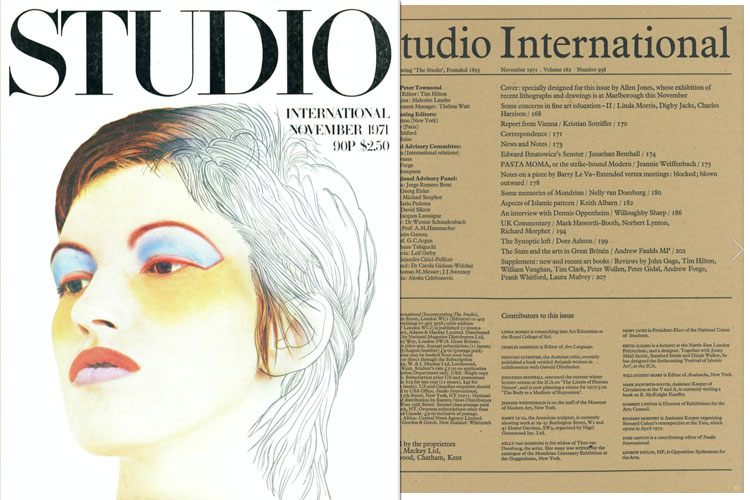 Studio International, 1971, November 1971, Volume 182 Number 938. Cover image specially designed for this issue by Allen Jones, whose exhibition of recent lithographs and drawings is at Marlborough this November.