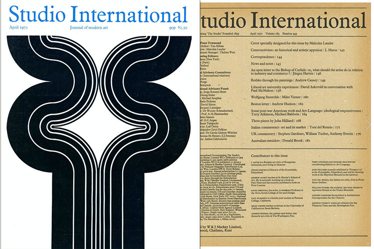 Studio International, 1972, April 1972, Volume 183 Number 943. Cover specially designed for this issue by Malcolm Lauder.